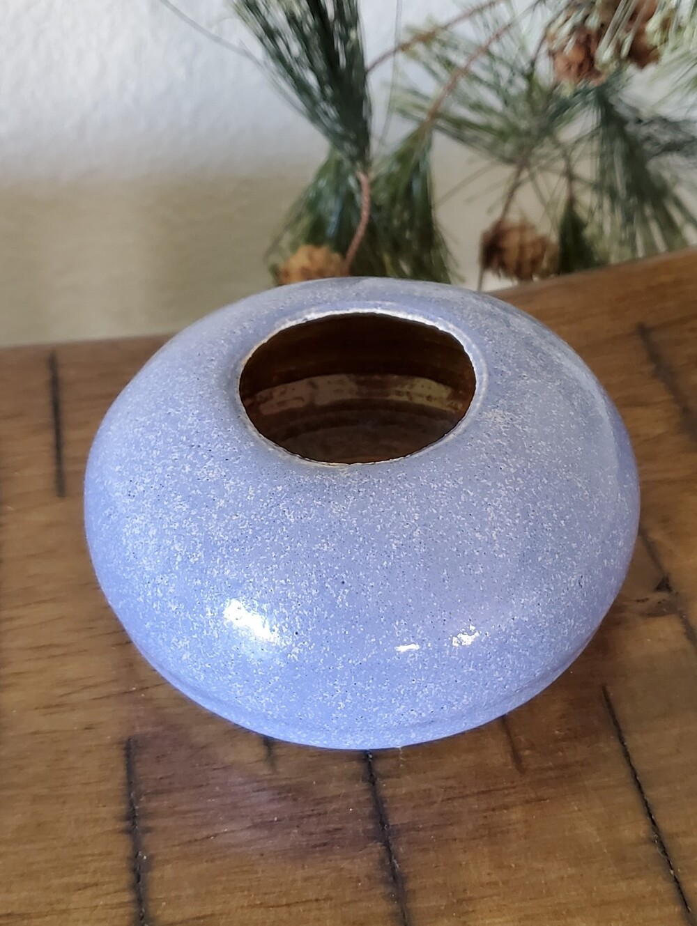 Vintage Studio Art Pottery Squat Bud Vase Blue Mottled Glaze UFO Shape